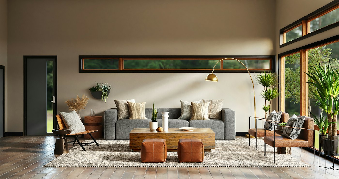 Living room with a large freshly painted neutral wall