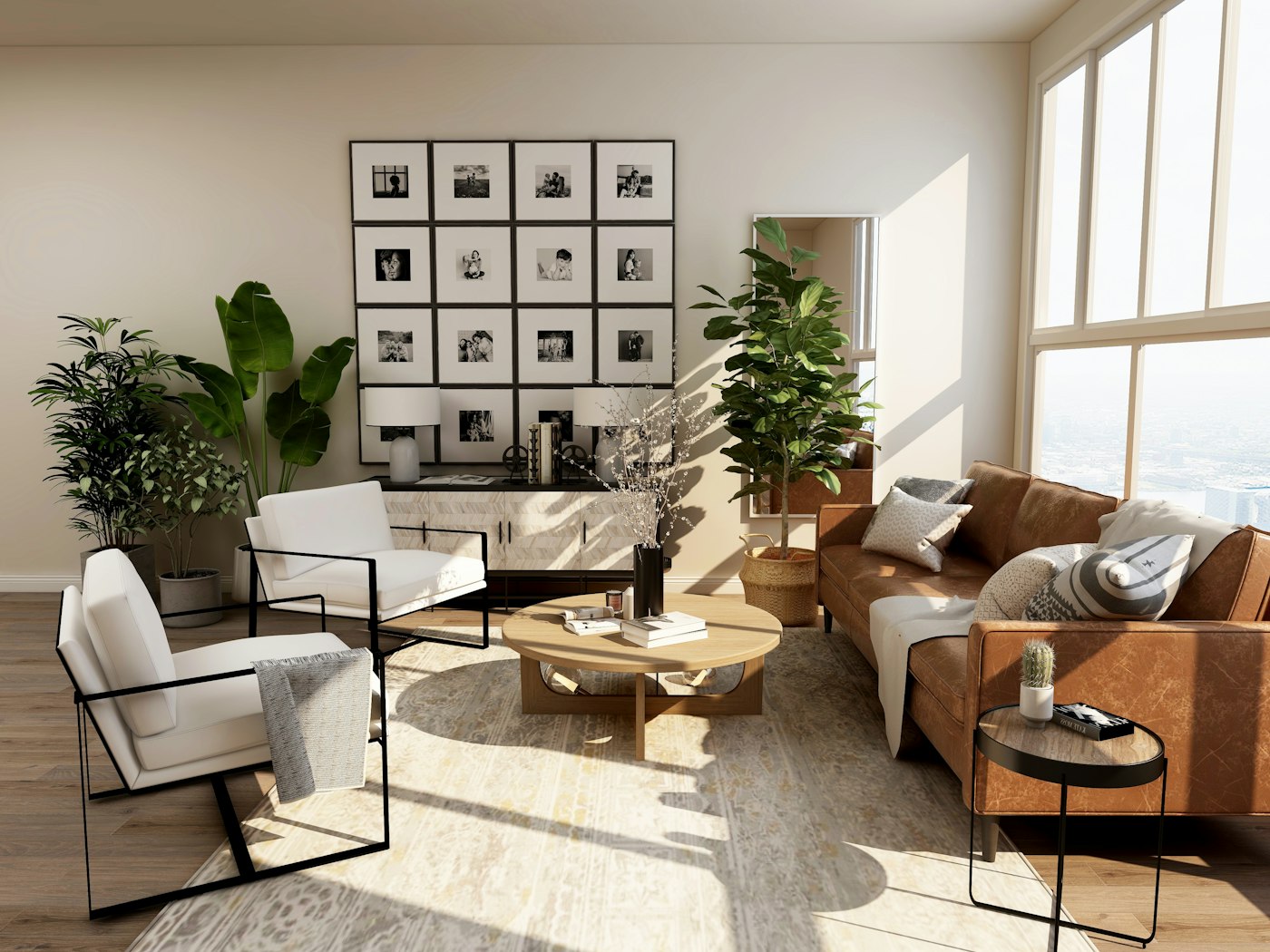 A sunlit living room with freshly painted warm beige walls