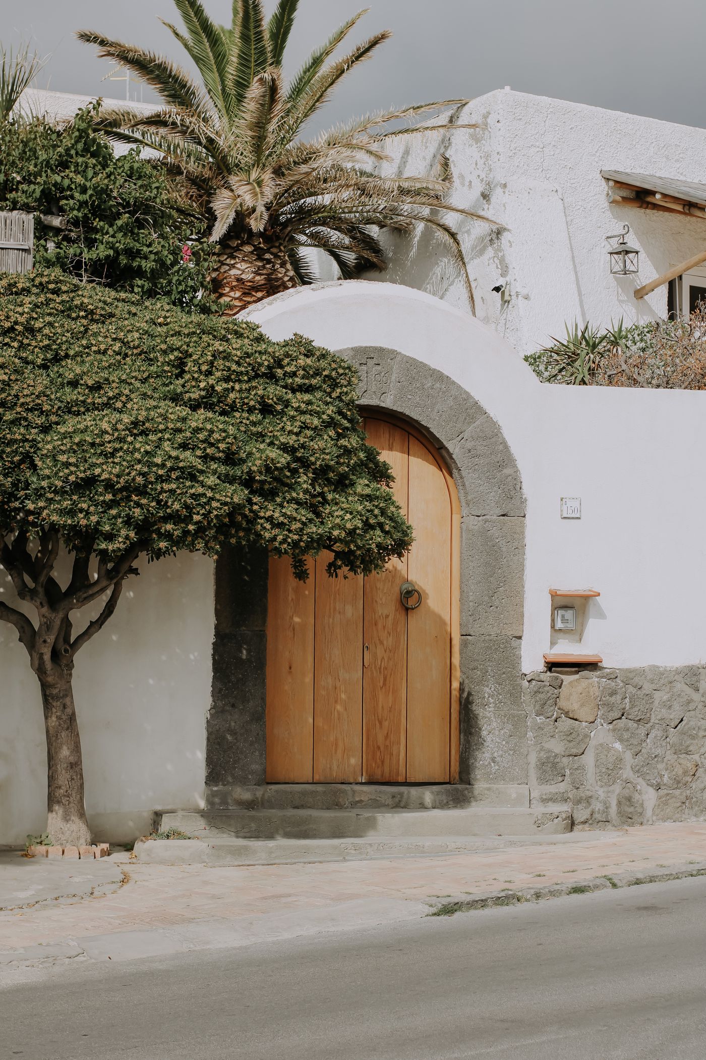 Smooth white stucco wall with an arched wooden door